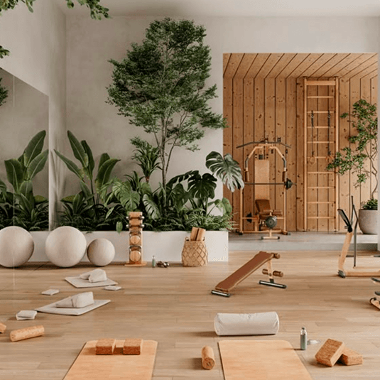 Main workspace area with natural elements